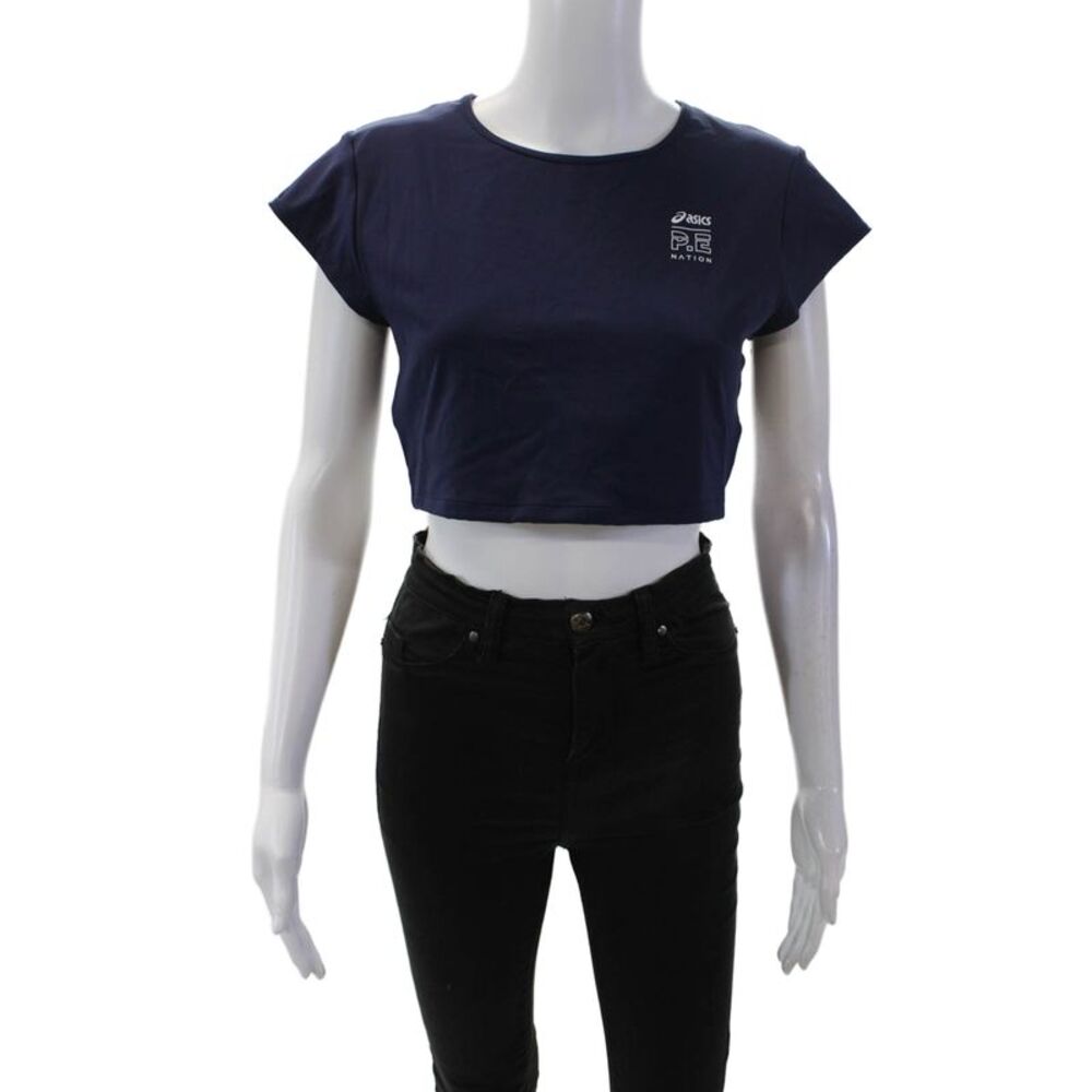PE Nation Womens Activewear Cap Sleeve Round Neck Cropped T-Shirt Blue Size L